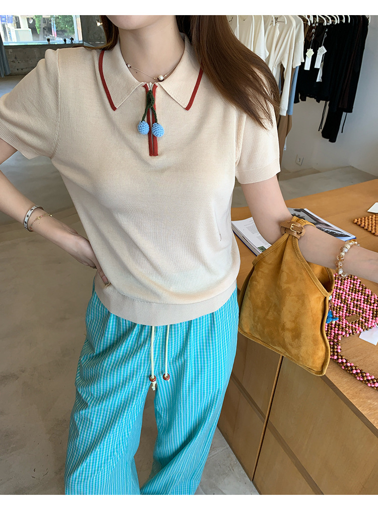 Cherry Color-blocked Polo Knit Shirt with Silk Lyocell Blend 18BDBB15D53DC51104D305DDF75AE140