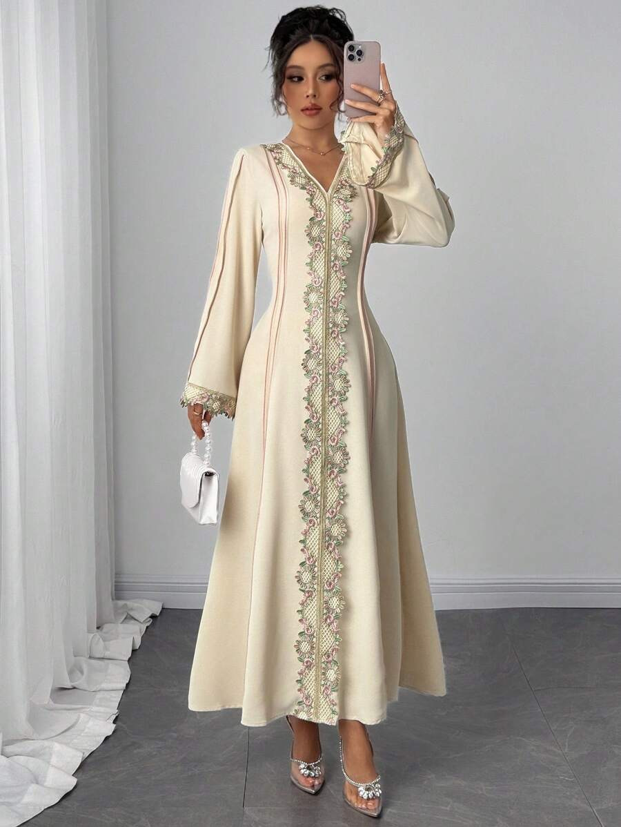 Color-block V-neck long-sleeve maxi dress - Vilmere