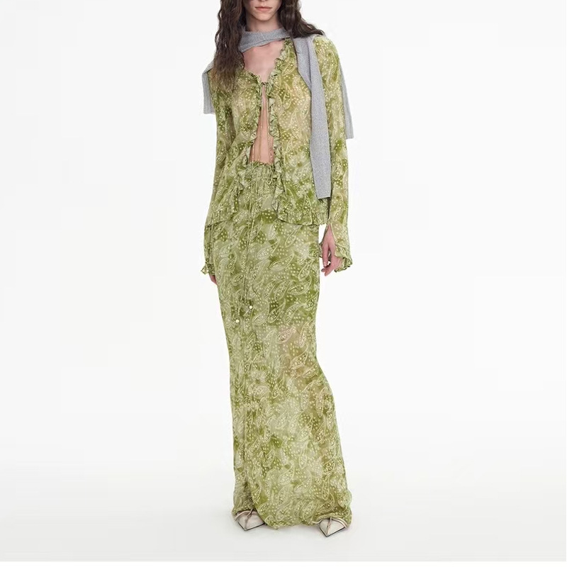 Sagestu Floating Green Ink Washed Paisley Long Dress Shirt Elegant Fashion Set Women's Designer