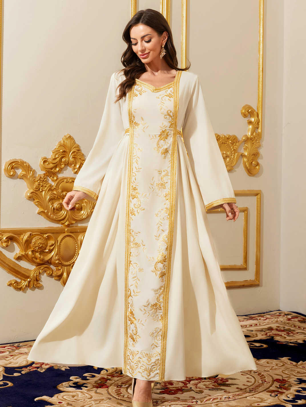 Embroidered champagne robe maxi dress - Vilmere