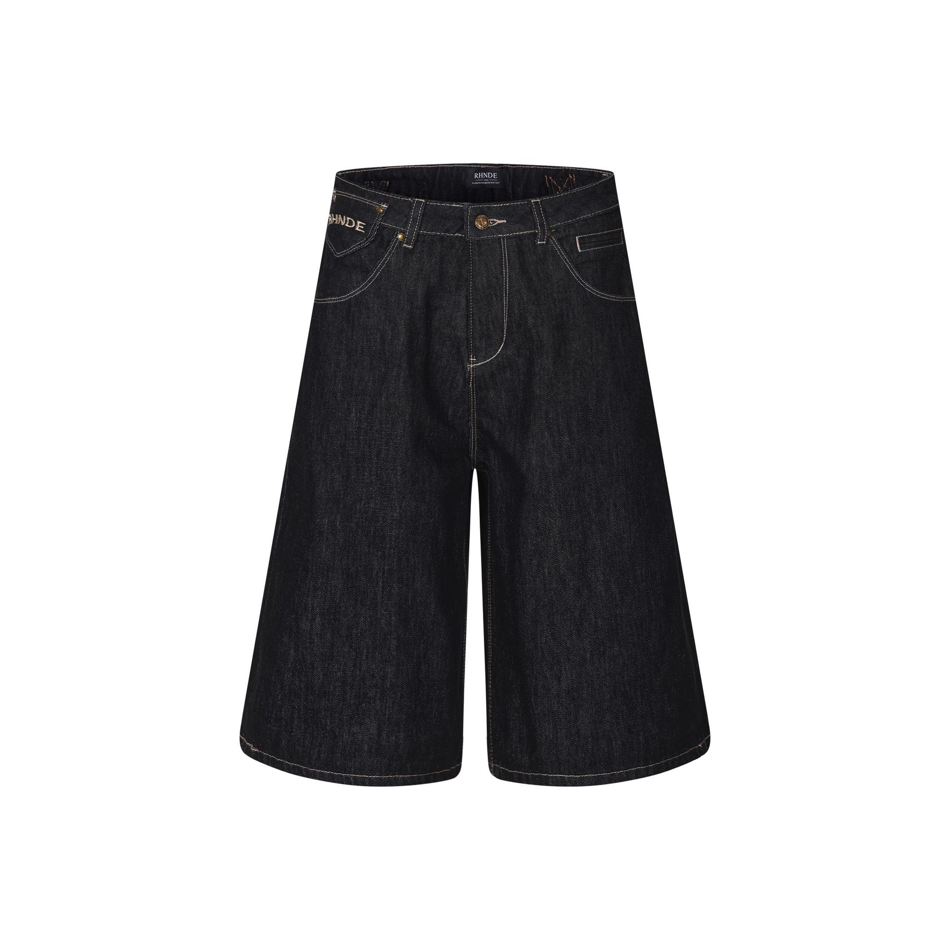 Raw Denim Button-Down Black Jeans Mid-Length Pants, Unisex with Letter Embroidery