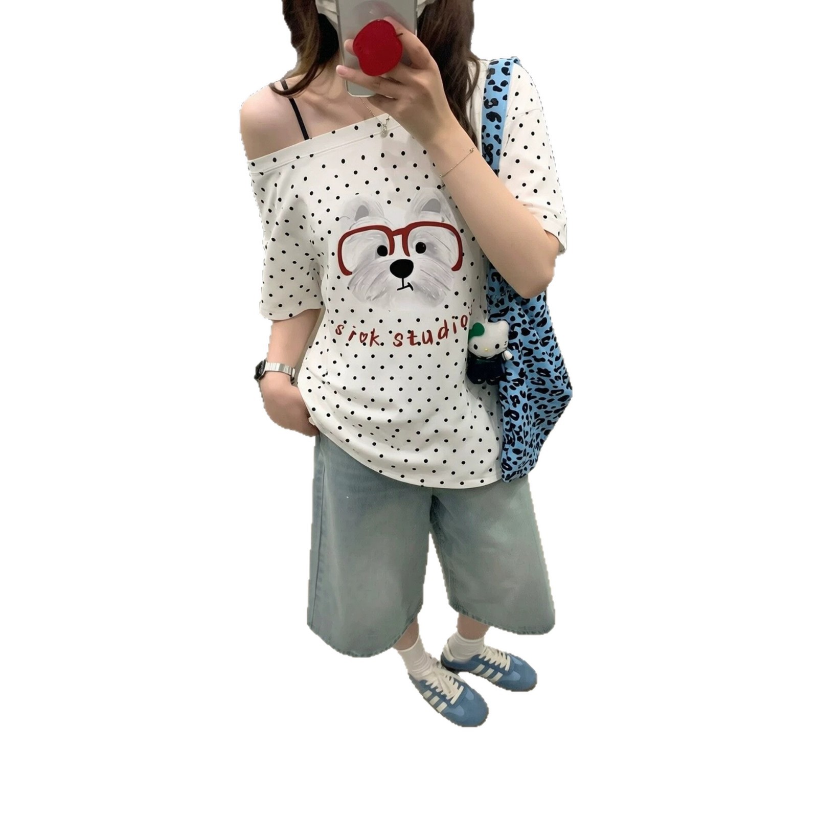 Dog Print Polka Dot Asymmetrical Shoulder Short Sleeve T-Shirt