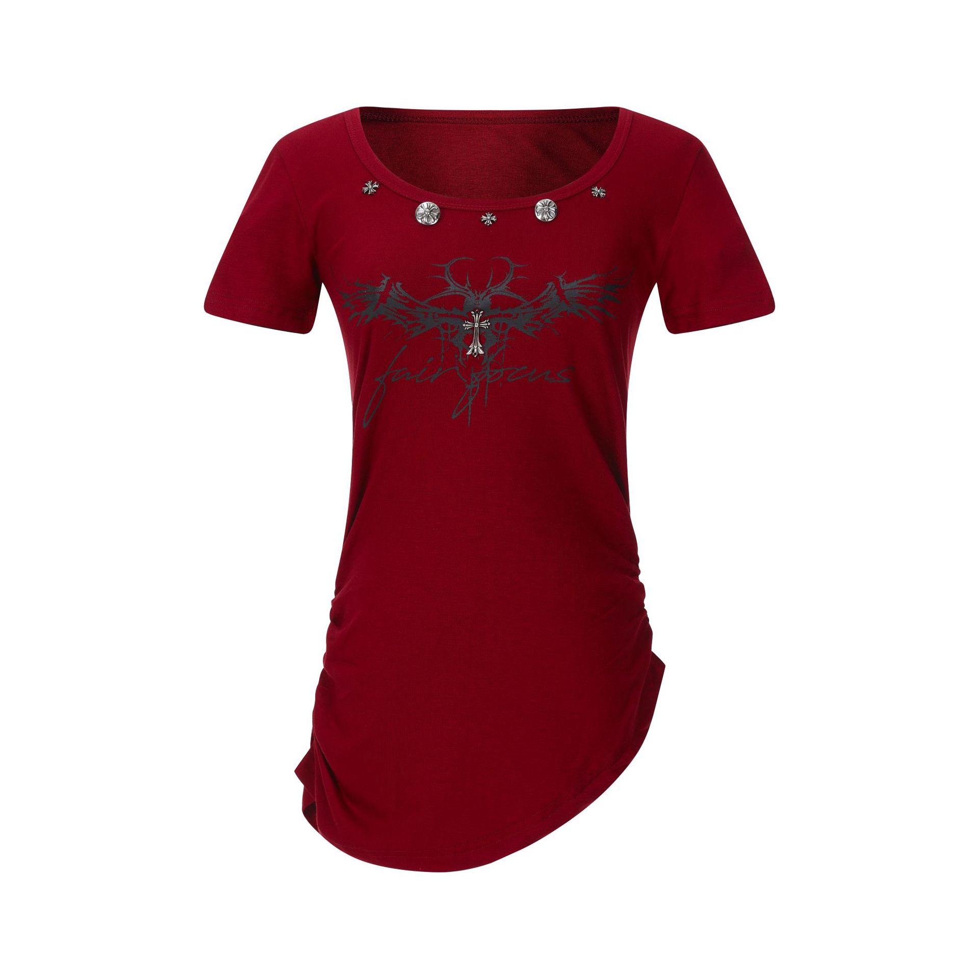 Wine Red T-Shirt with Rhinestone Cross Print, Fitted Slim Fit Irregular Top