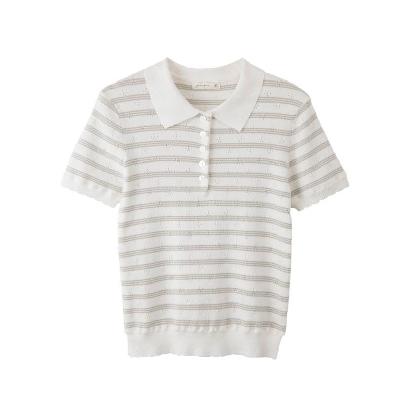 Stripe Knit Short Sleeve Polo Neck T-shirt for Women