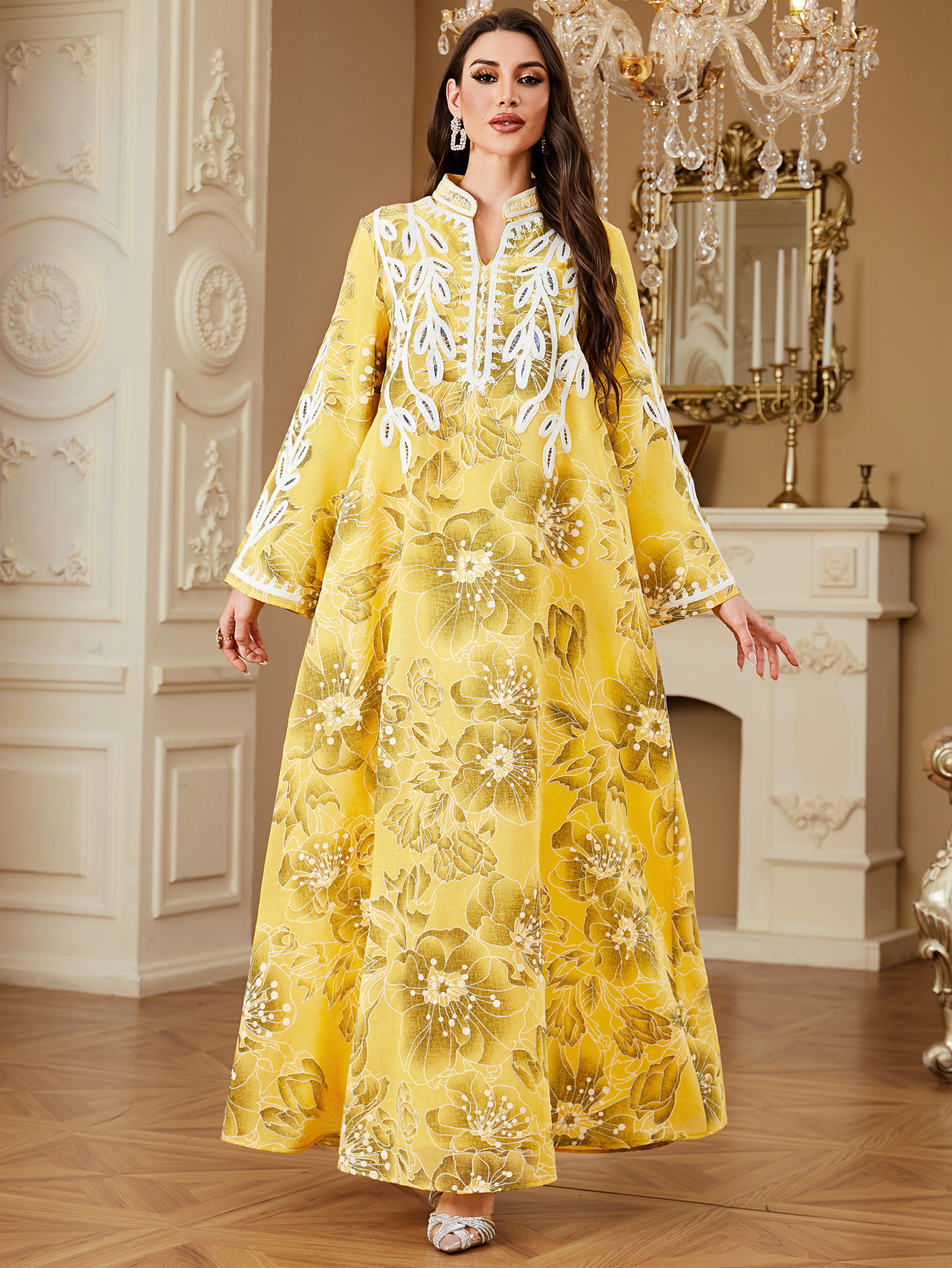 Yellow embroidered printed robe maxi dress - Vilmere