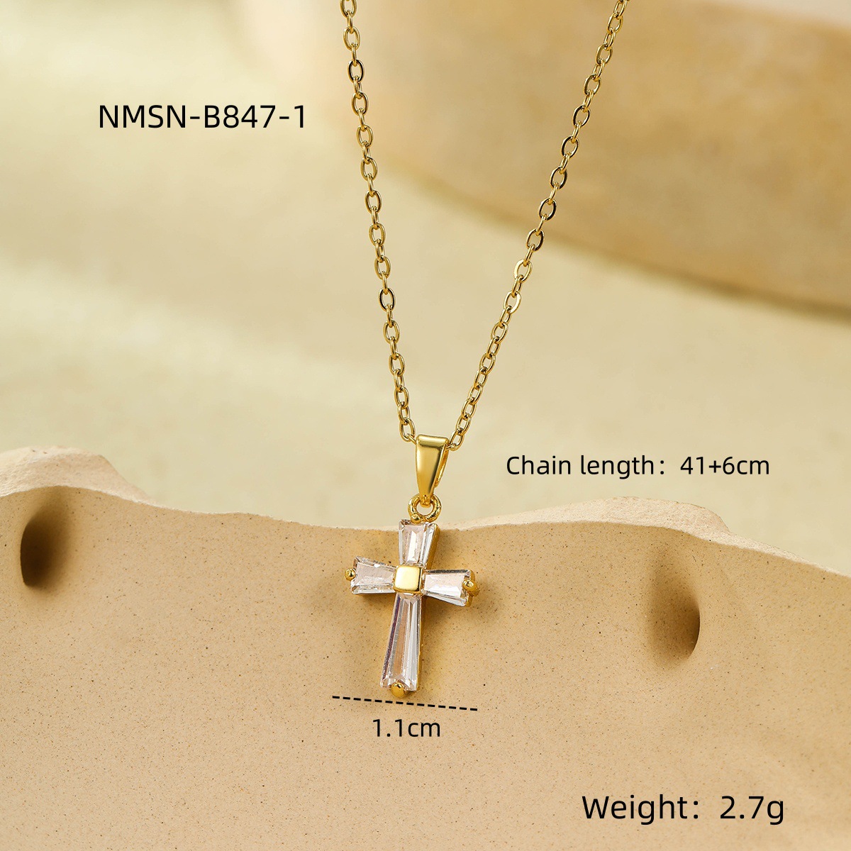 18K gold stainless steel geometric cross pendant inlaid with white zircon collar