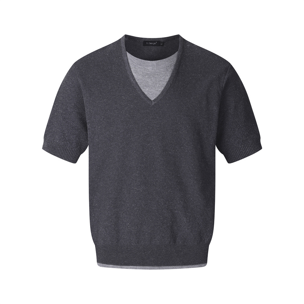 Fake two color blocked V-neck knitted short sleeves