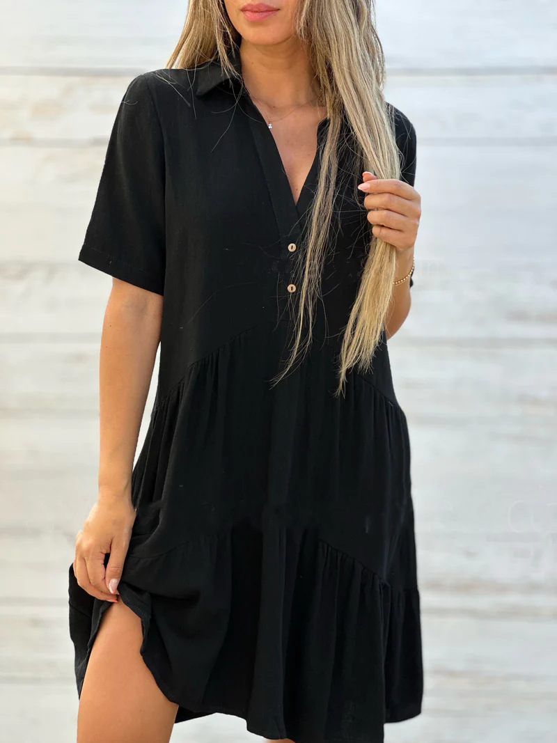 Solid colour V-neck short-sleeve A-line midi dress - Vilmere