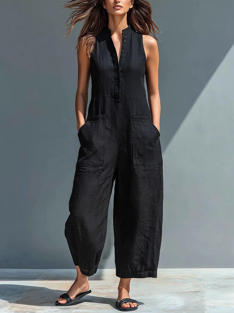Mono casual negro de lino sin mangas
