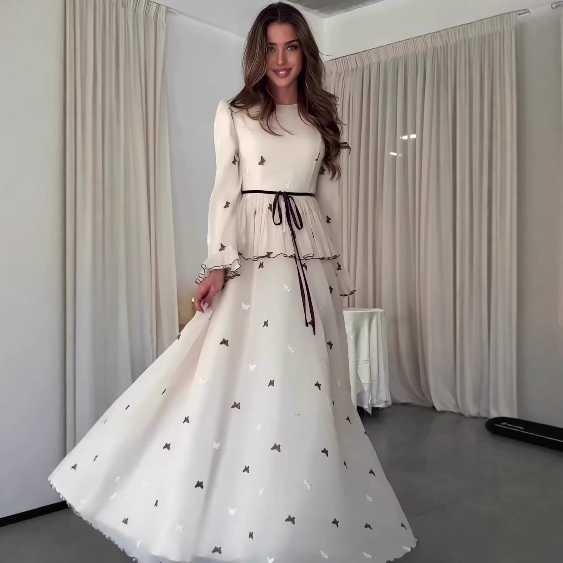 Women's fashion dress, summer waist cinching long skirt, year soft temperament, long sleeved