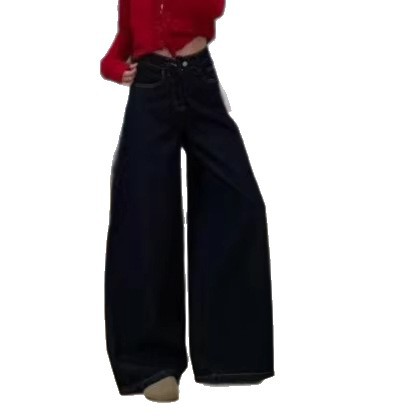 Deep Blue High-Waisted Wide-Leg Jeans Women Loose Drape Straight Leg Floor-Length Pants