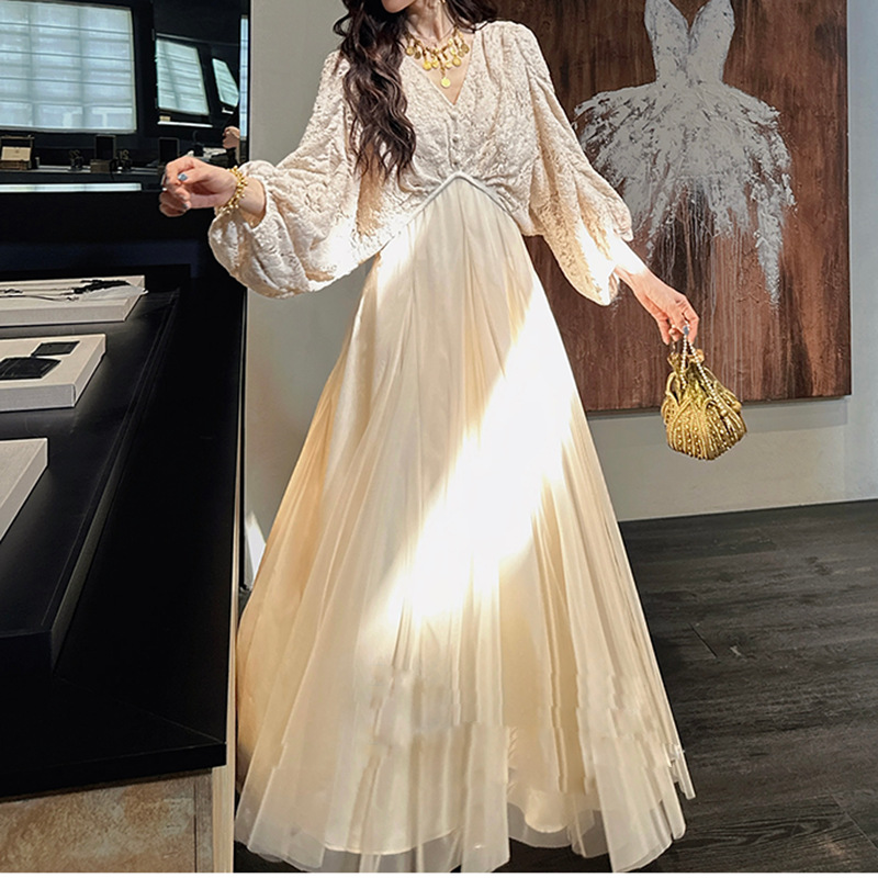 Clothing Lace Beaded Embroidery Ruffle Dress with Ombre Mesh Paneling Sheer Overlay Women's Dress
