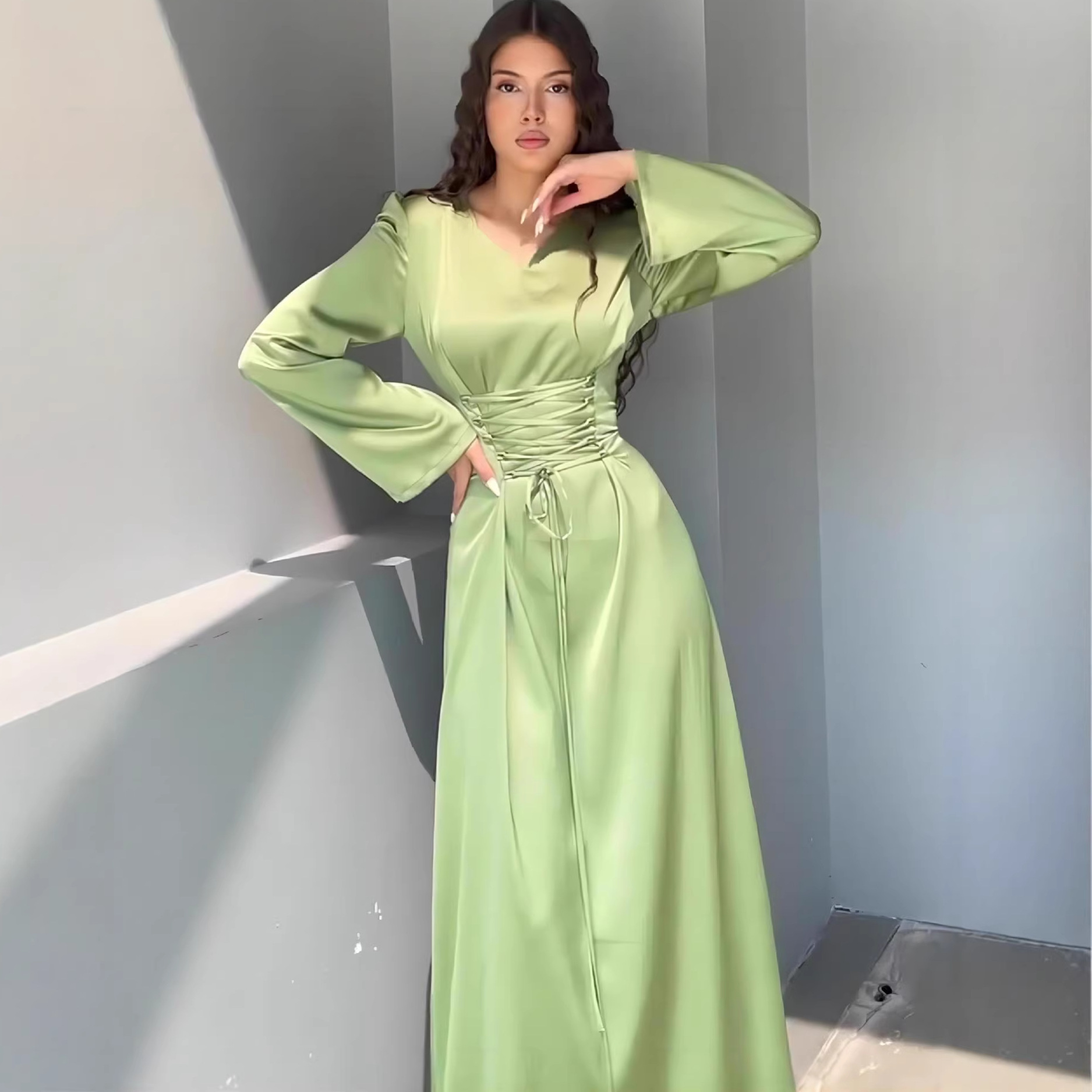 Belted V-Neck Long Sleeve Fitted Dress with Waist Tie Elegant Design