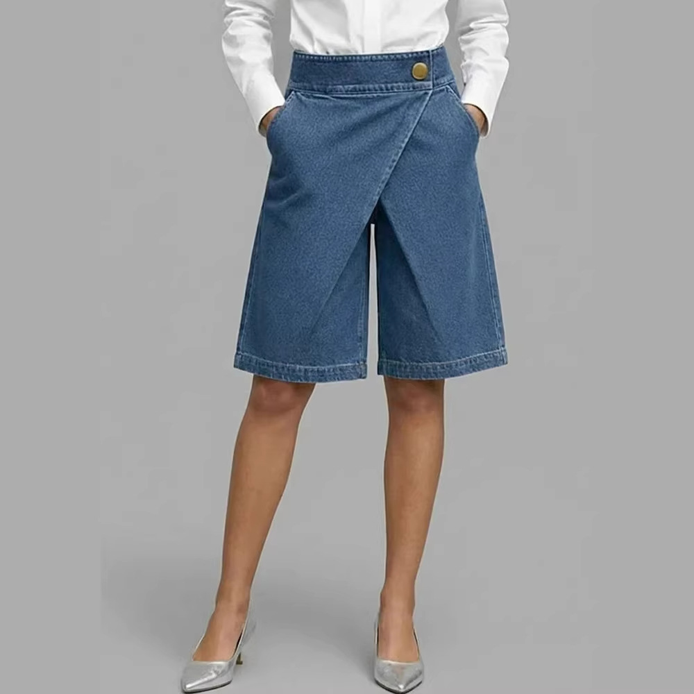 Asymmetric Denim-Style Five-Pocket Women's Shorts Fashion Casual Style