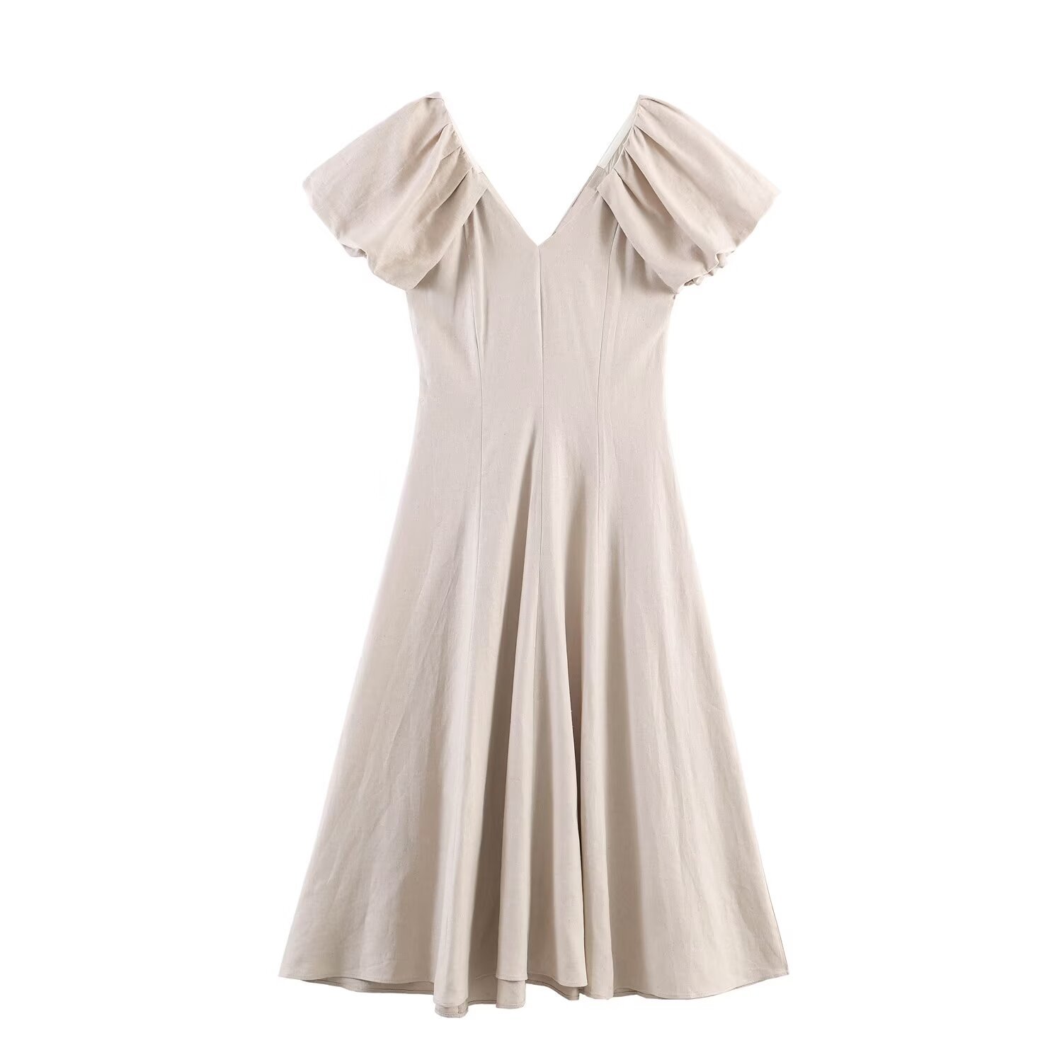 Light luxury style bubble sleeve linen MIDI dress