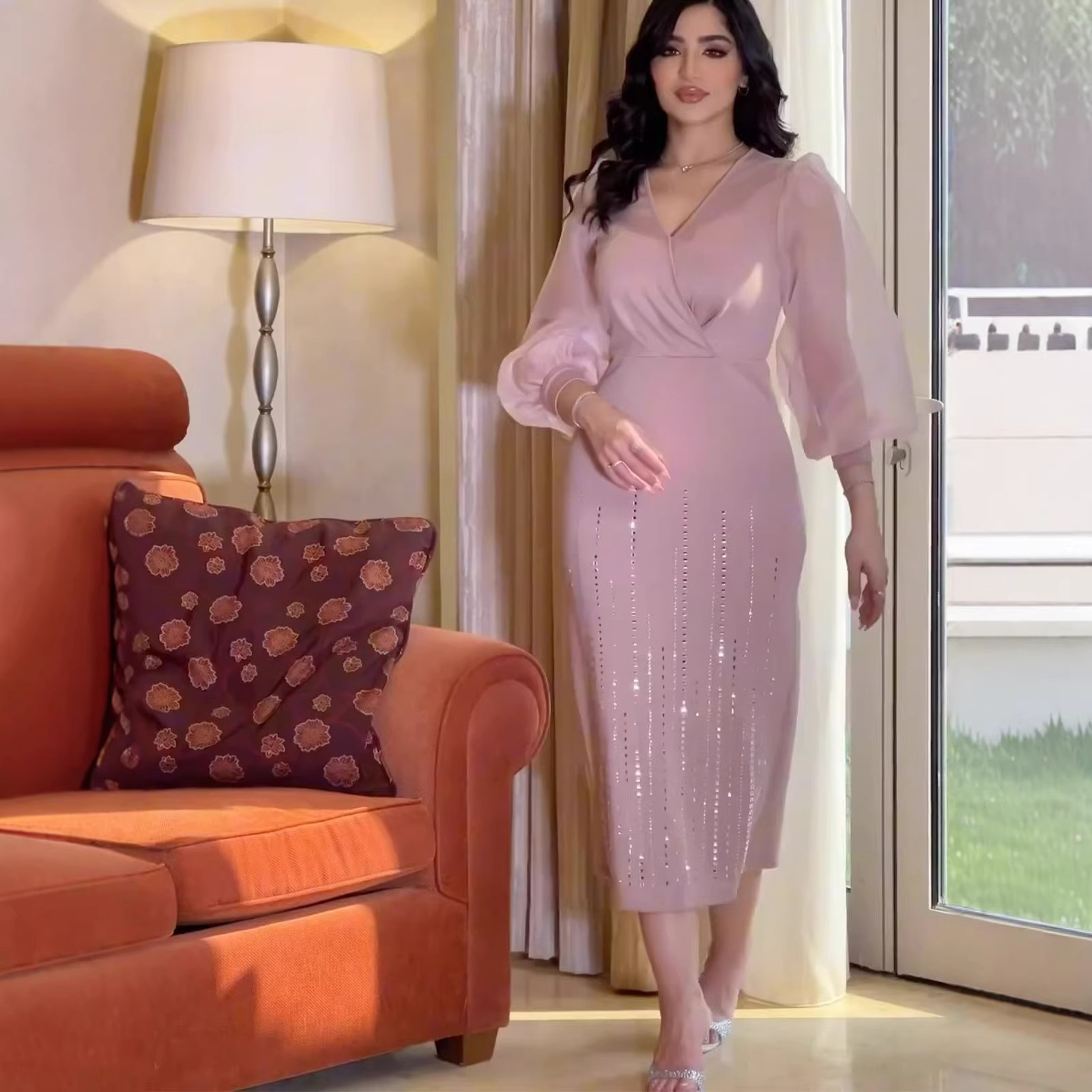 Elegant Sequined Chiffon V-Neck Lantern Sleeve Dress for Women Autumn Style