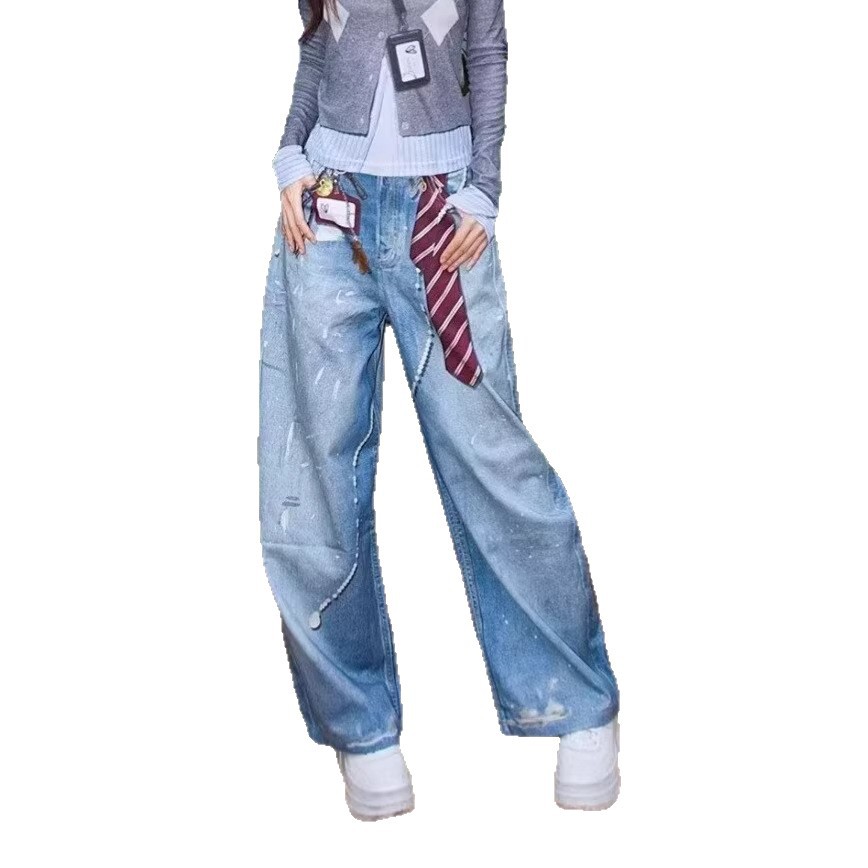 Patchwork Loose Flared Denim Pants Unisex High Street Long Pants