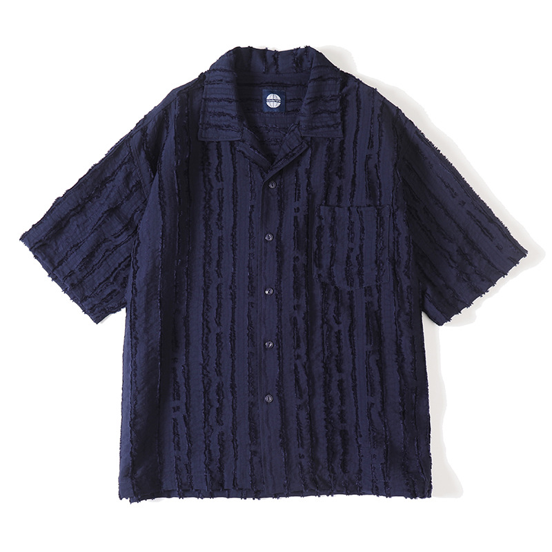 Striped Raw Edge Textured Loose Cuban Collar Short Sleeve Shirt