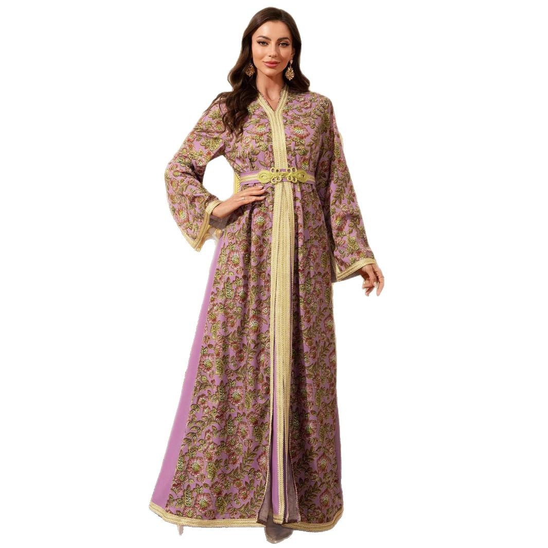 Belt long sleeved printed color blocked women's dress