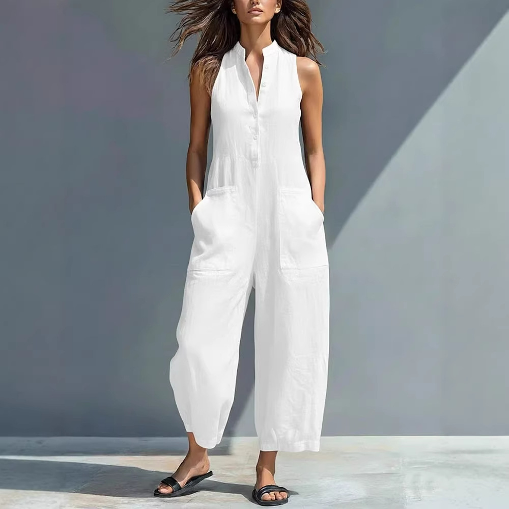 Casual Women's Sleeveless Stand Collar Pocket Jumpsuit