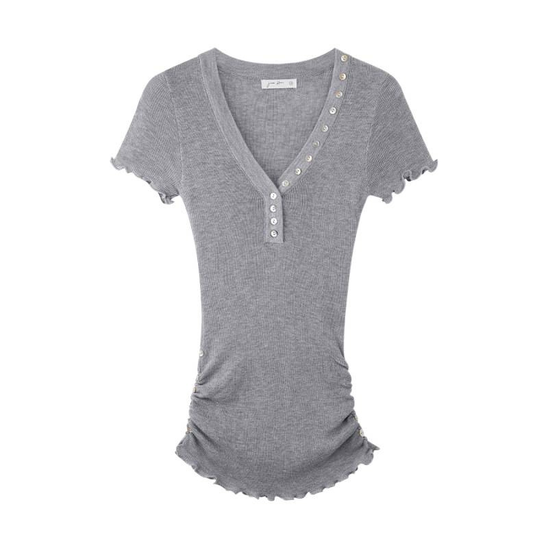 Button-striped wool knitted short-sleeved T-shirt