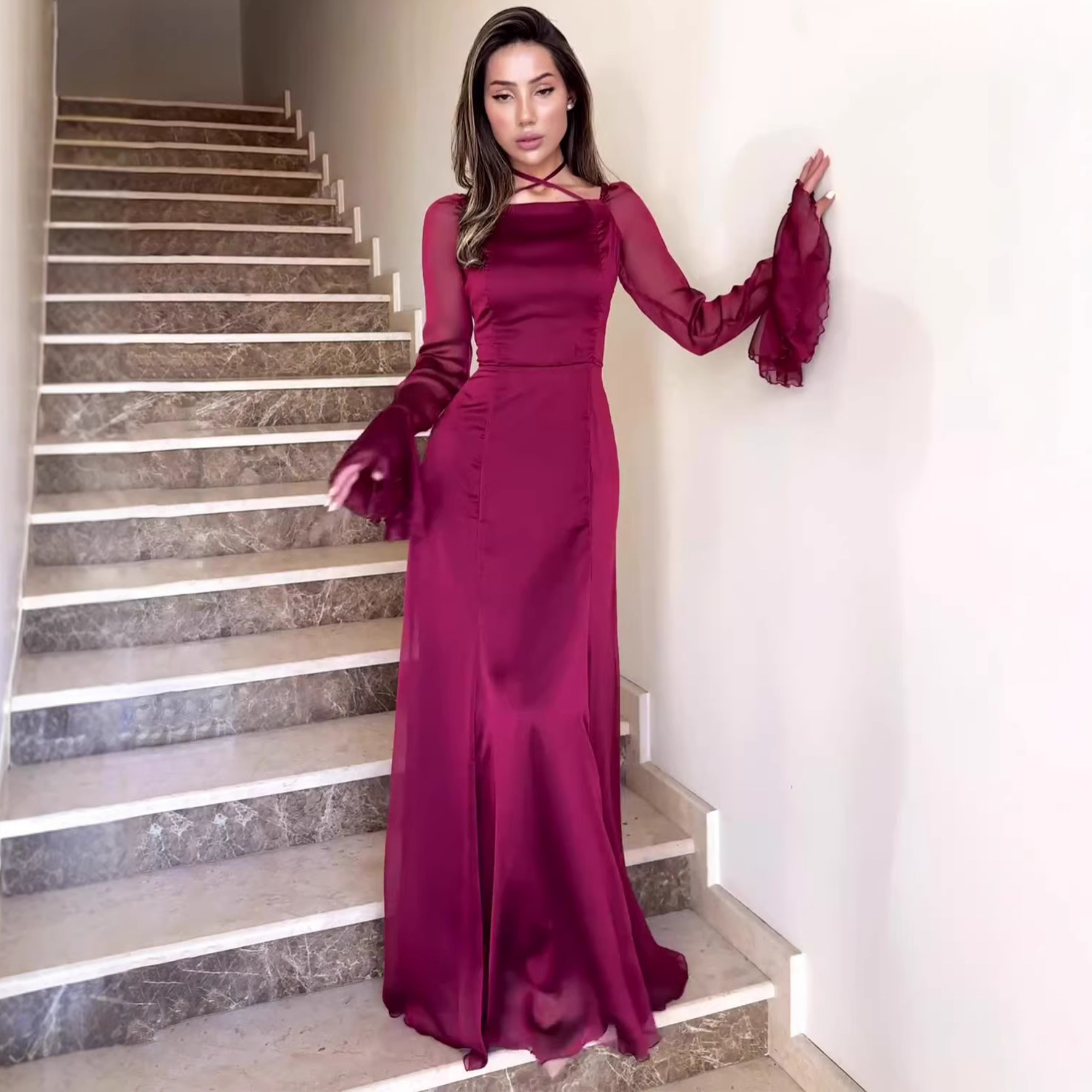 Soft Style Snow Gentle Autumn Tie-Belt Ruffle Fitted Dress Flowing