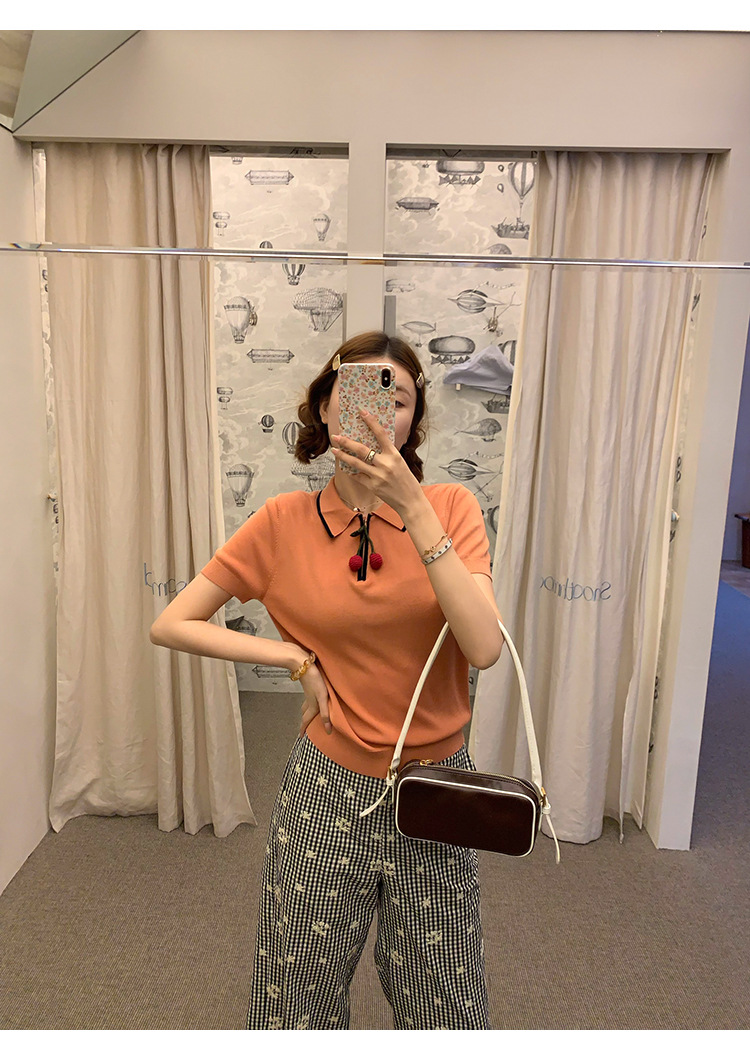 Cherry Color-blocked Polo Knit Shirt with Silk Lyocell Blend 4A29AF8E9C2EB12830FF9BC72D7652F8