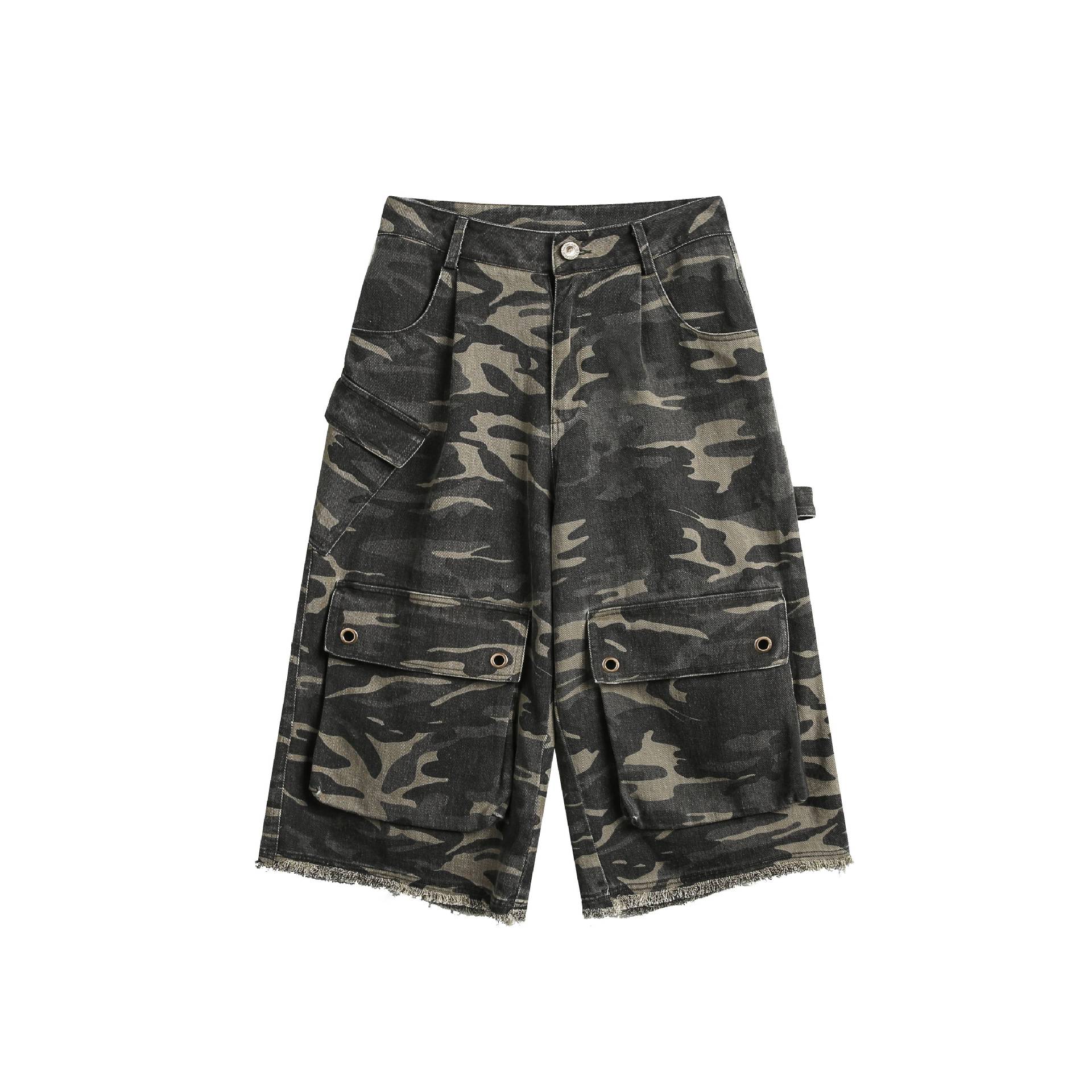 Loose Oversized Pocket Raw Edge Camouflage Workwear Seven-Quarter Pants