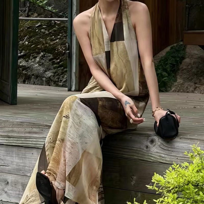 Draped Neckline V-Neck Sleeveless Maxi Dress for Women, Flowy Summer Long Dress with Flared Skirt