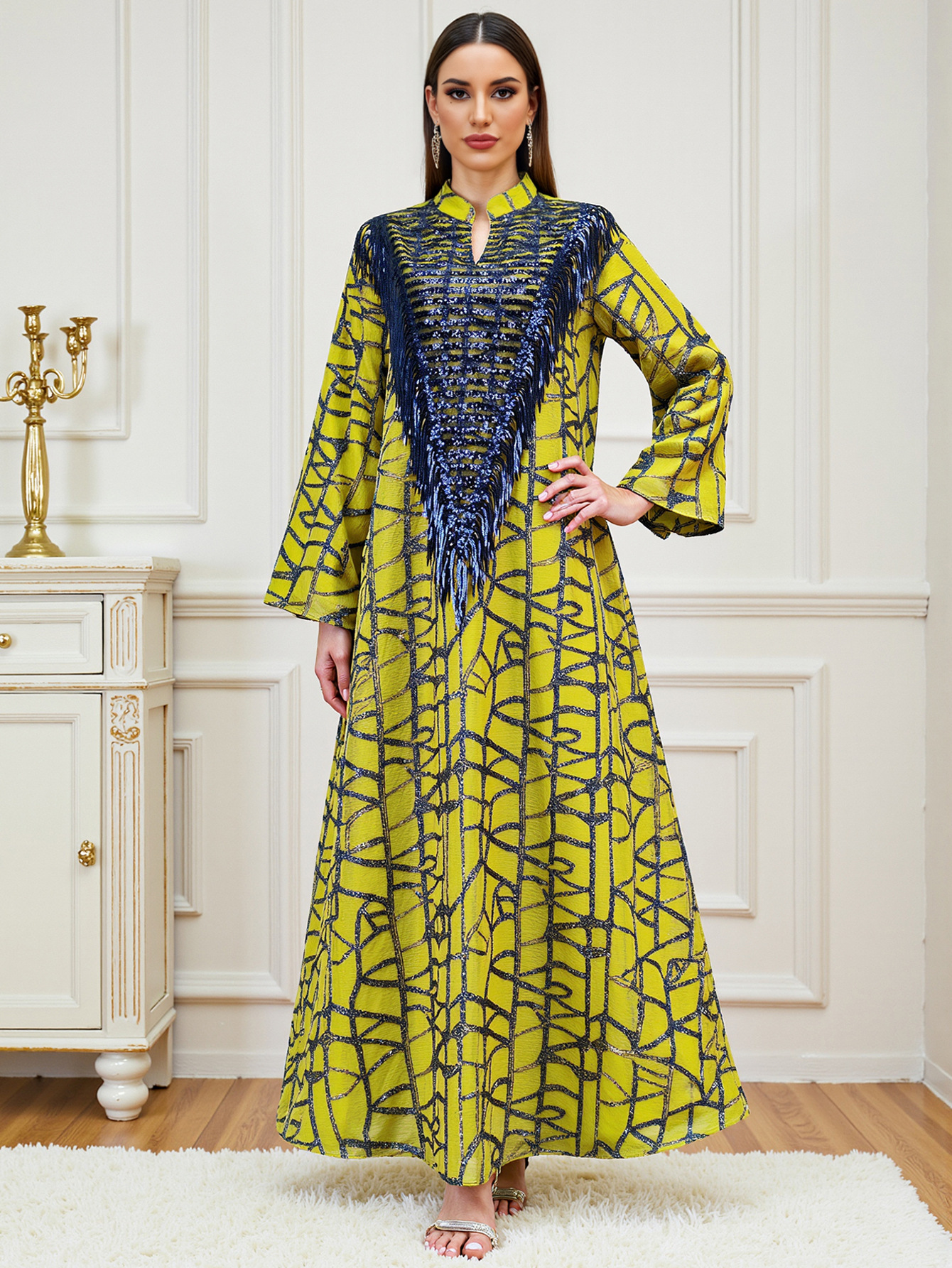 Yellow sequin tassel embroidered maxi dress - Vilmere