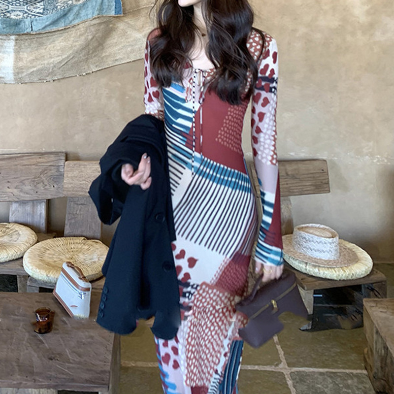 Print Asymmetrical Mermaid Dress Vintage Resort Style Fashion Spring Dress