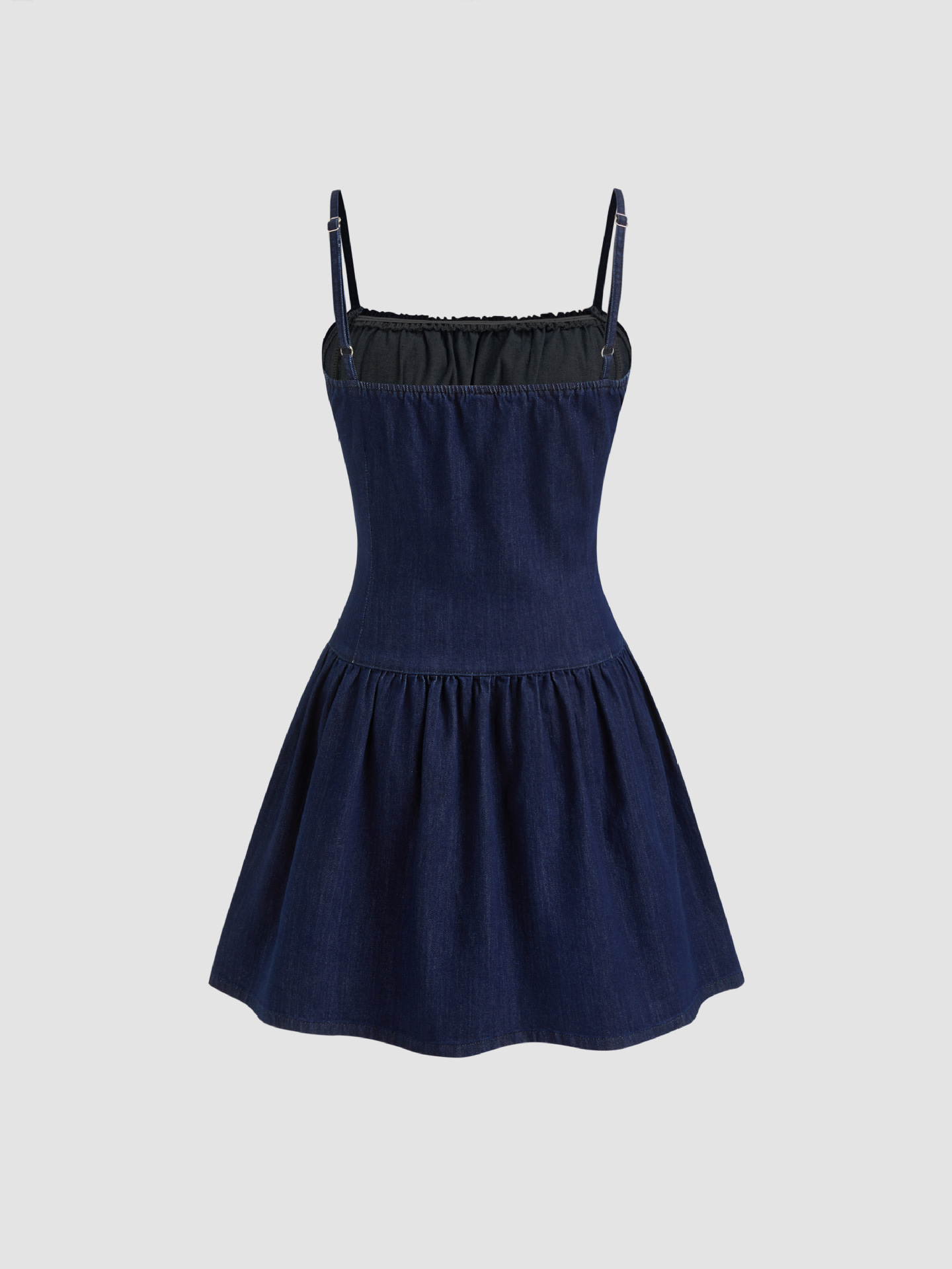 Size guide for women's deep blue one-shoulder fitted mini dress – S to XL measurements in inches