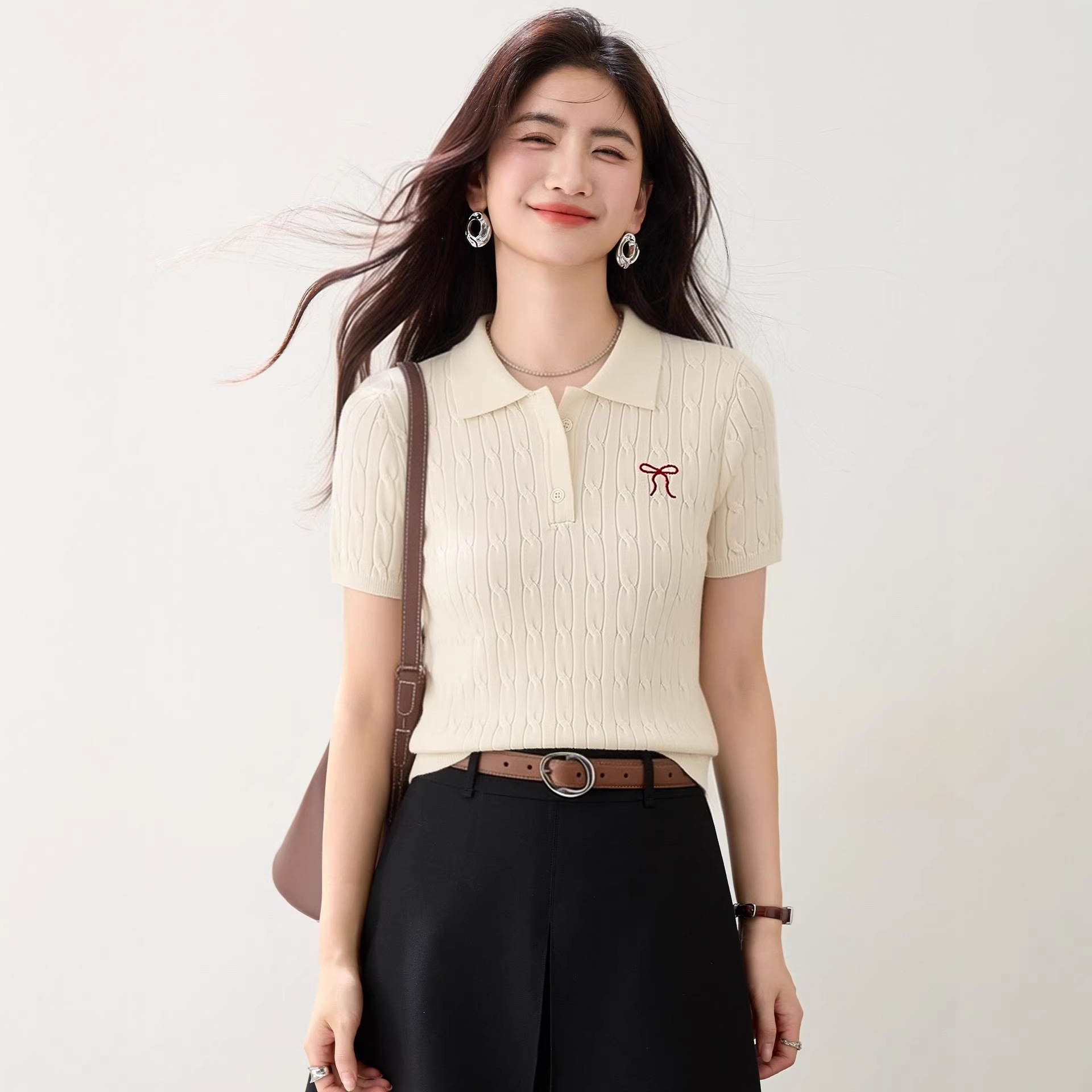 Polo Collar Knitted Short Sleeve Women's Summer Butterfly Knot Embroidery Design T-Shirt Top