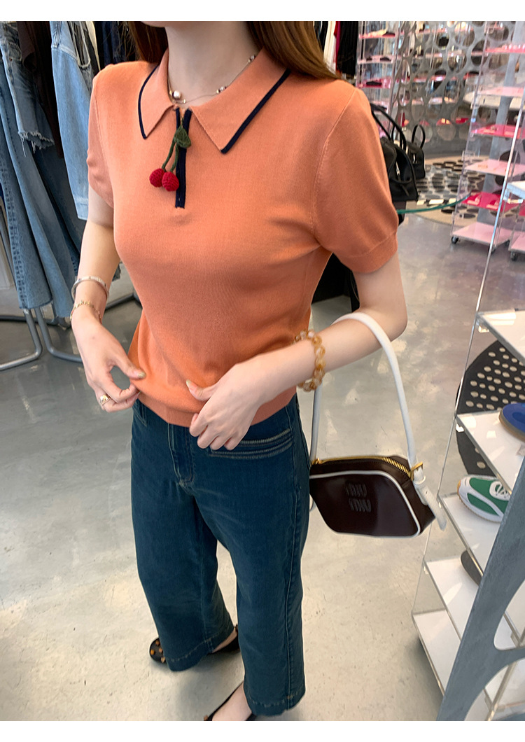 Cherry Color-blocked Polo Knit Shirt with Silk Lyocell Blend 60A4FE9F01C689C8B2B5F1ABCB5E5409