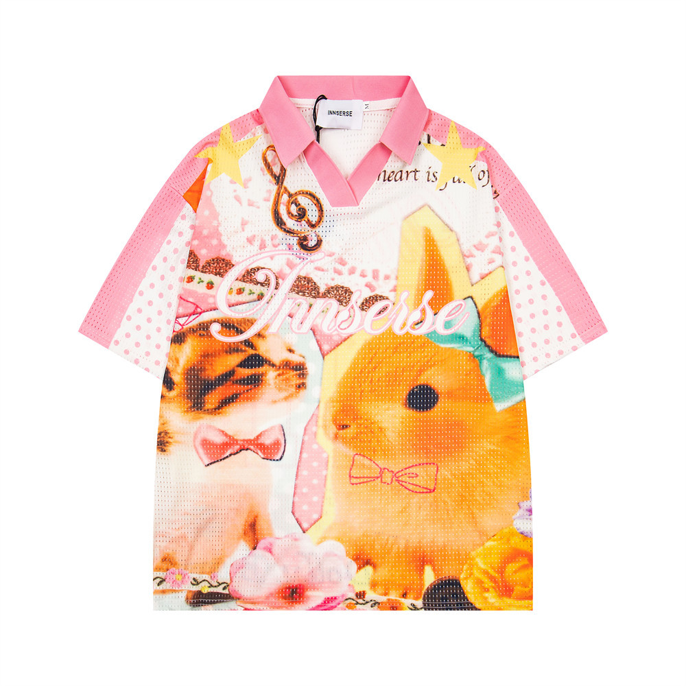 Cartoon digital print V-neck short sleeved shirt