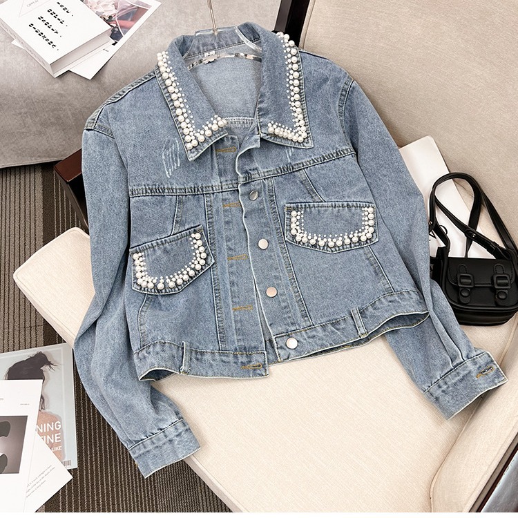 Design Denim Jacket for Women Spring Autumn Loose Fit Embroidered Beaded Outerwear Coat