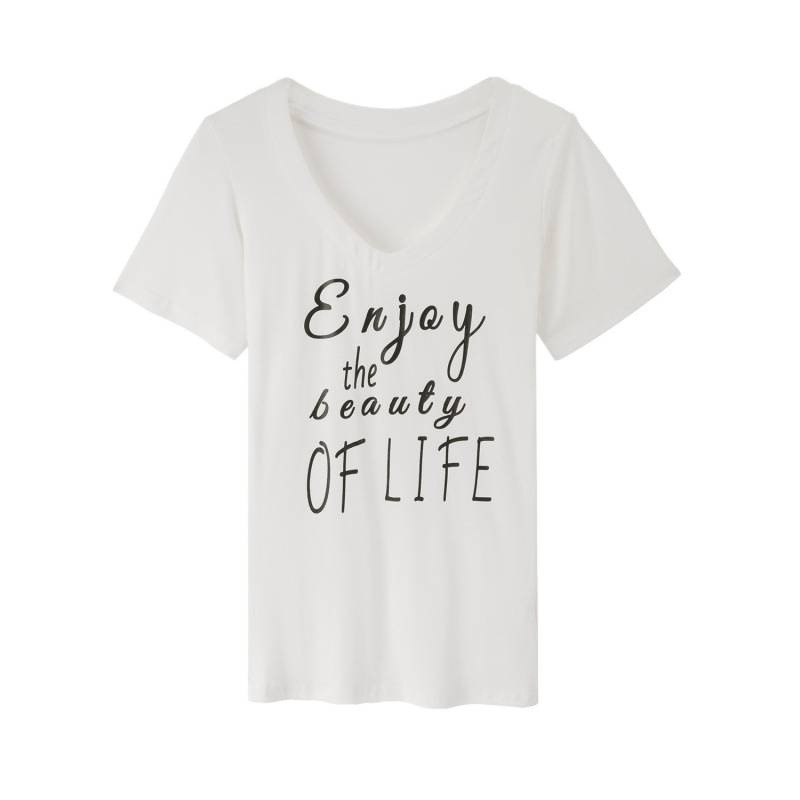 V-Neck Short Sleeve T-Shirt with White Letter Print