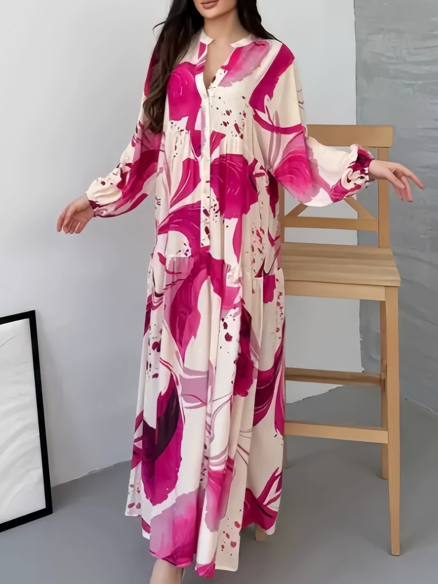 Printed V-neck long-sleeve loose maxi dress - Vilmere