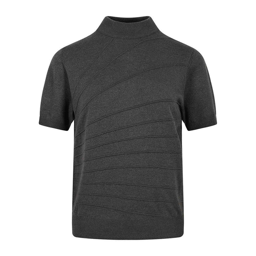 Solid color jacquard semi high neck knitted short sleeved shirt