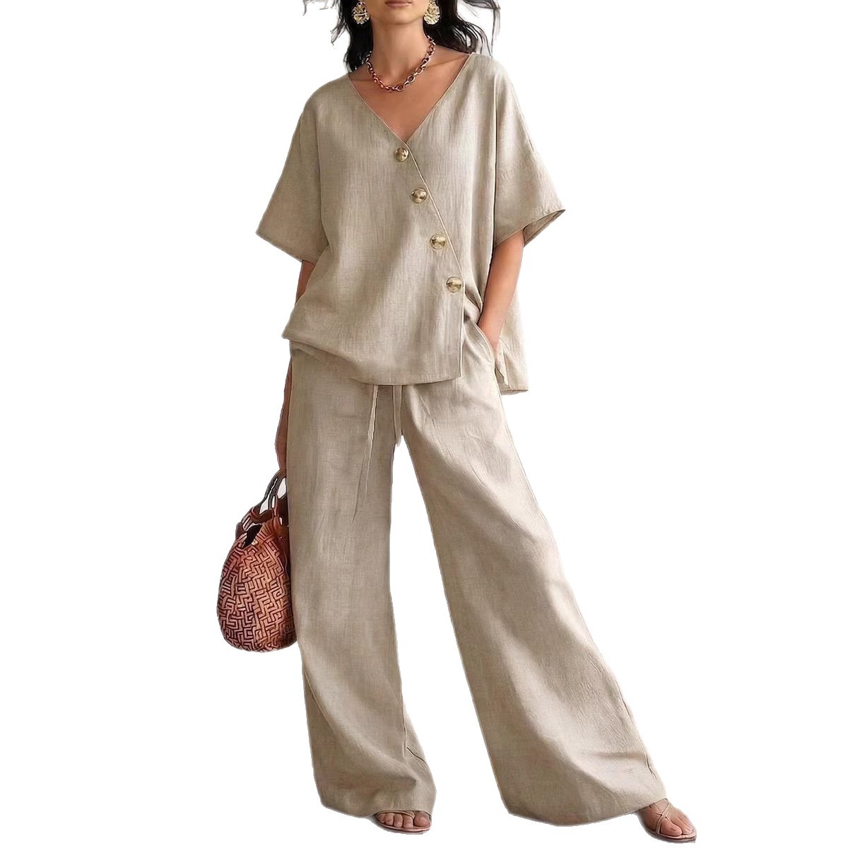 Women's Fashion Casual Solid Color V-Neck Loose Short Sleeve Top with Drawstring Pants Two-Piece Set