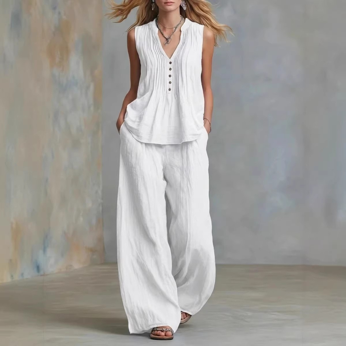 Casual Fashion Solid Color Sleeveless V-Neck Set for Women