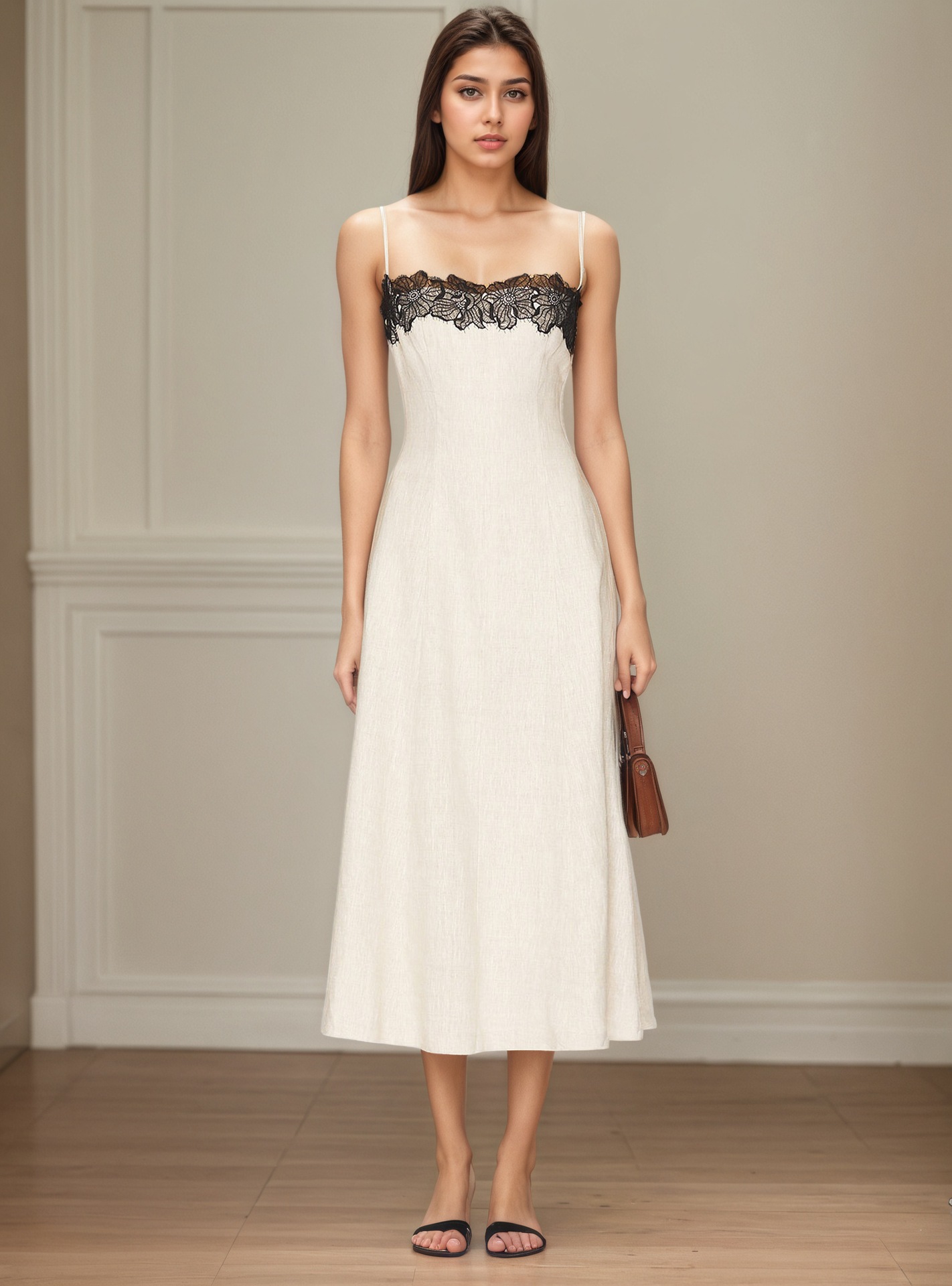 Off white lace contrast midi dress – styled outfit view
