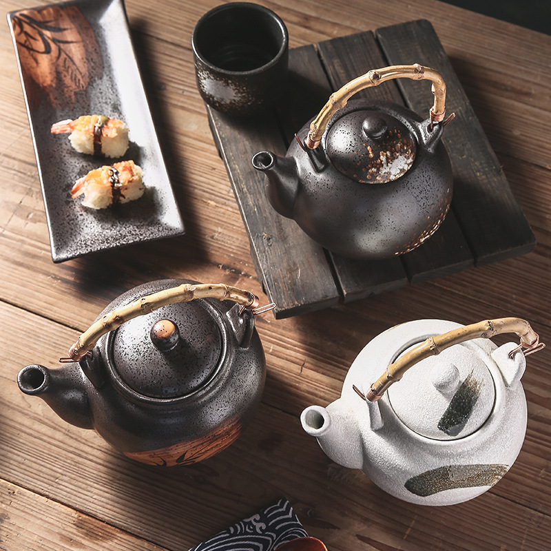Ceramic Tea Kettle with Bamboo Handle, Hand-Painted, Commercial Use, Large Capacity, Teapot with