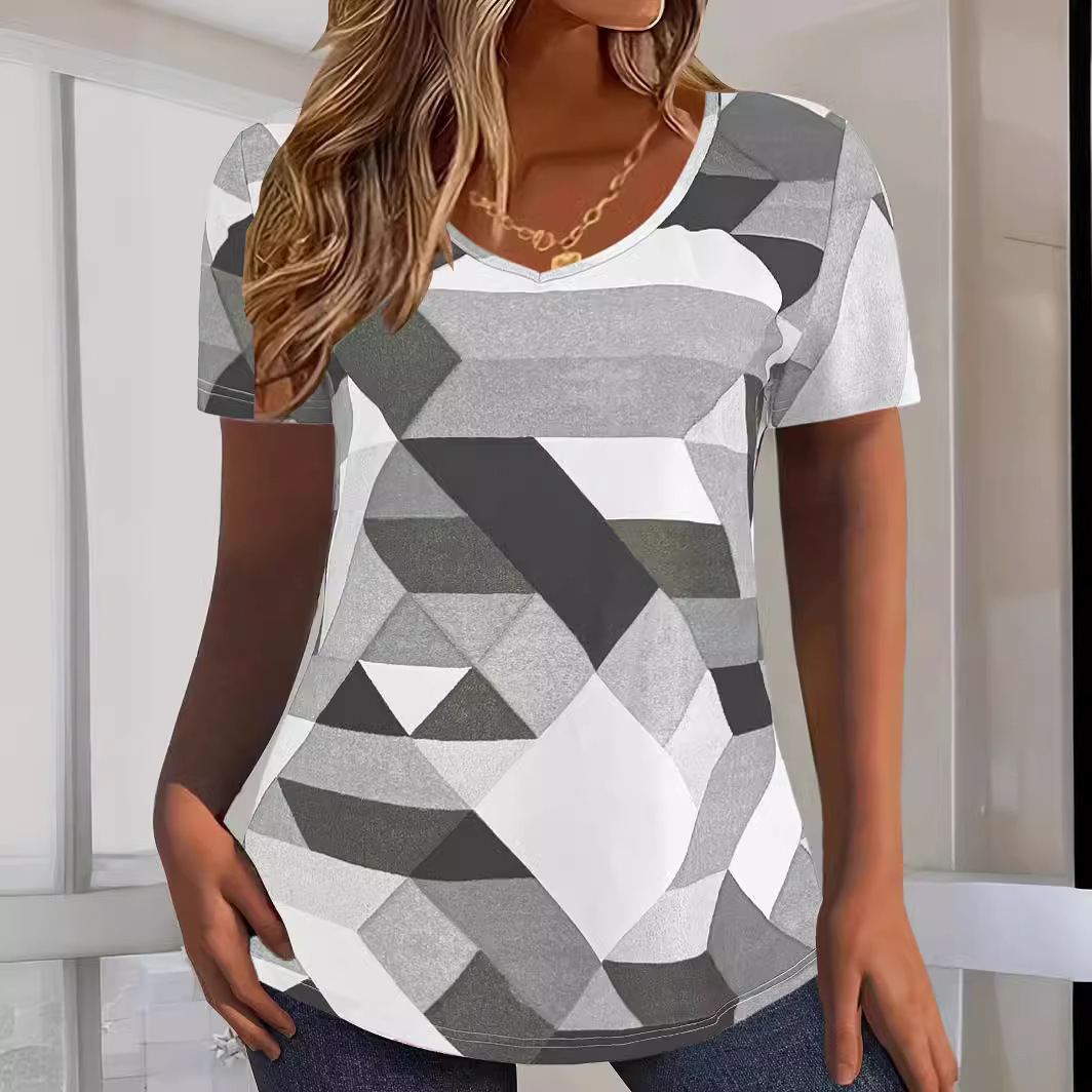 Digital Print Round Neck Short Sleeve Casual Pullover T-Shirt for Women