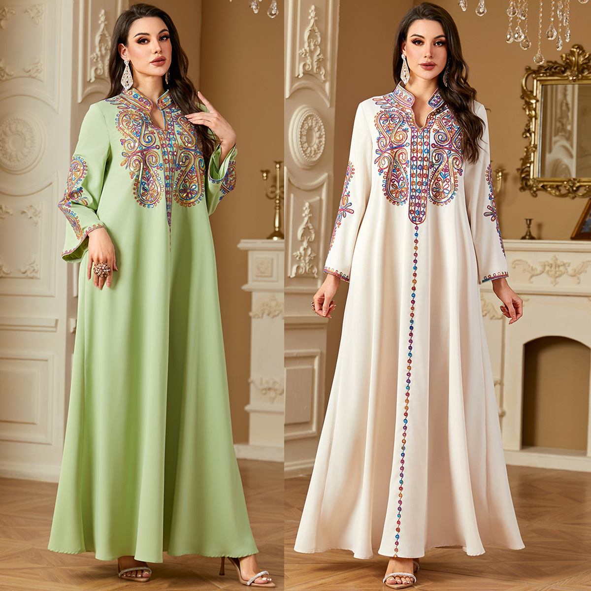 Pearl embroidered ethnic robe maxi dress - Vilmere