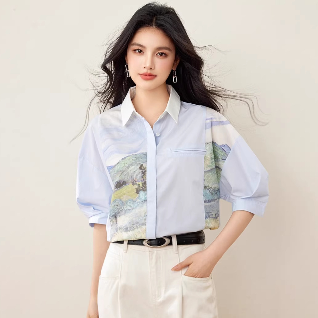 Printed Patchwork Short Sleeve Shirt for Women, Fashionable Slim Fit Casual Top