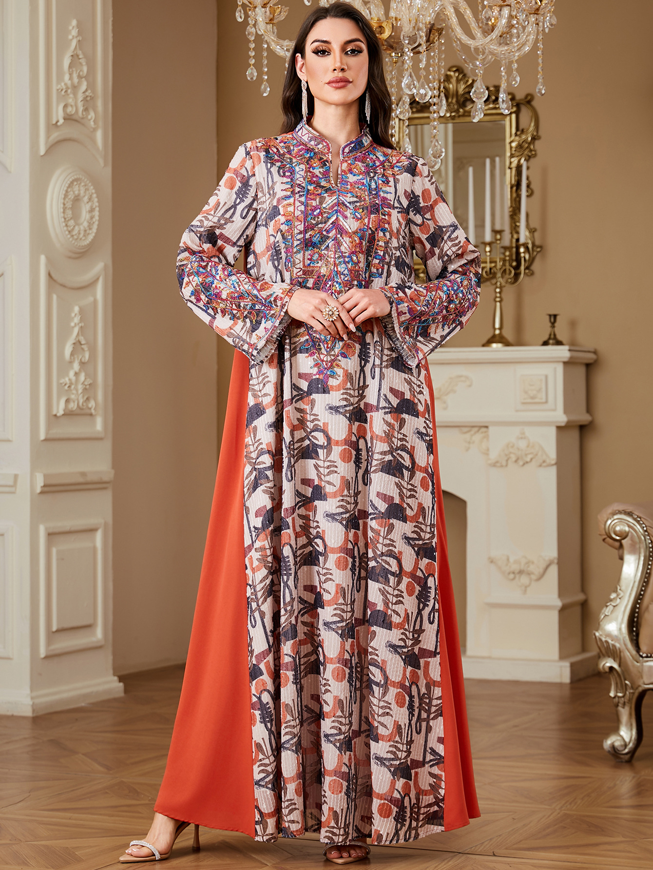 Orange printed embroidered robe maxi dress - Vilmere