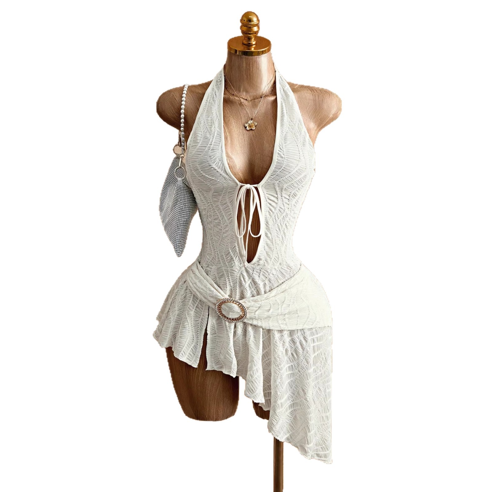 Deep V-Neck Tie-Up Asymmetrical Dress White Strapless Irregular Hem