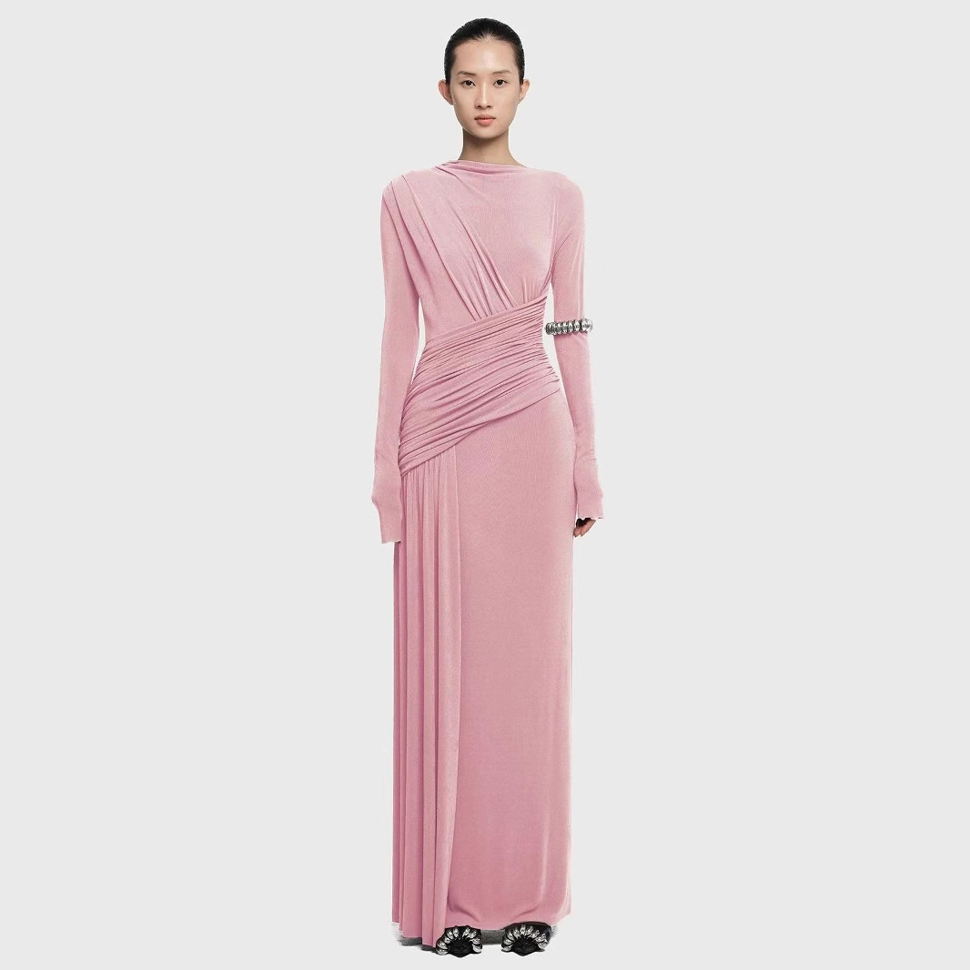 Elegant Knit Long Sleeve Ribbon Dress with Asymmetrical Neckline, Elastic Pleated Floor-Length Skirt