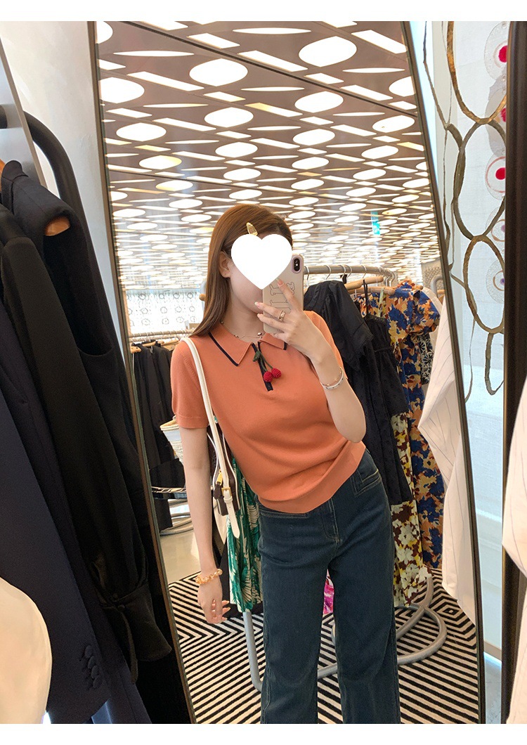 Cherry Color-blocked Polo Knit Shirt with Silk Lyocell Blend 8264EAC95340956236ABA230D9F99ED8
